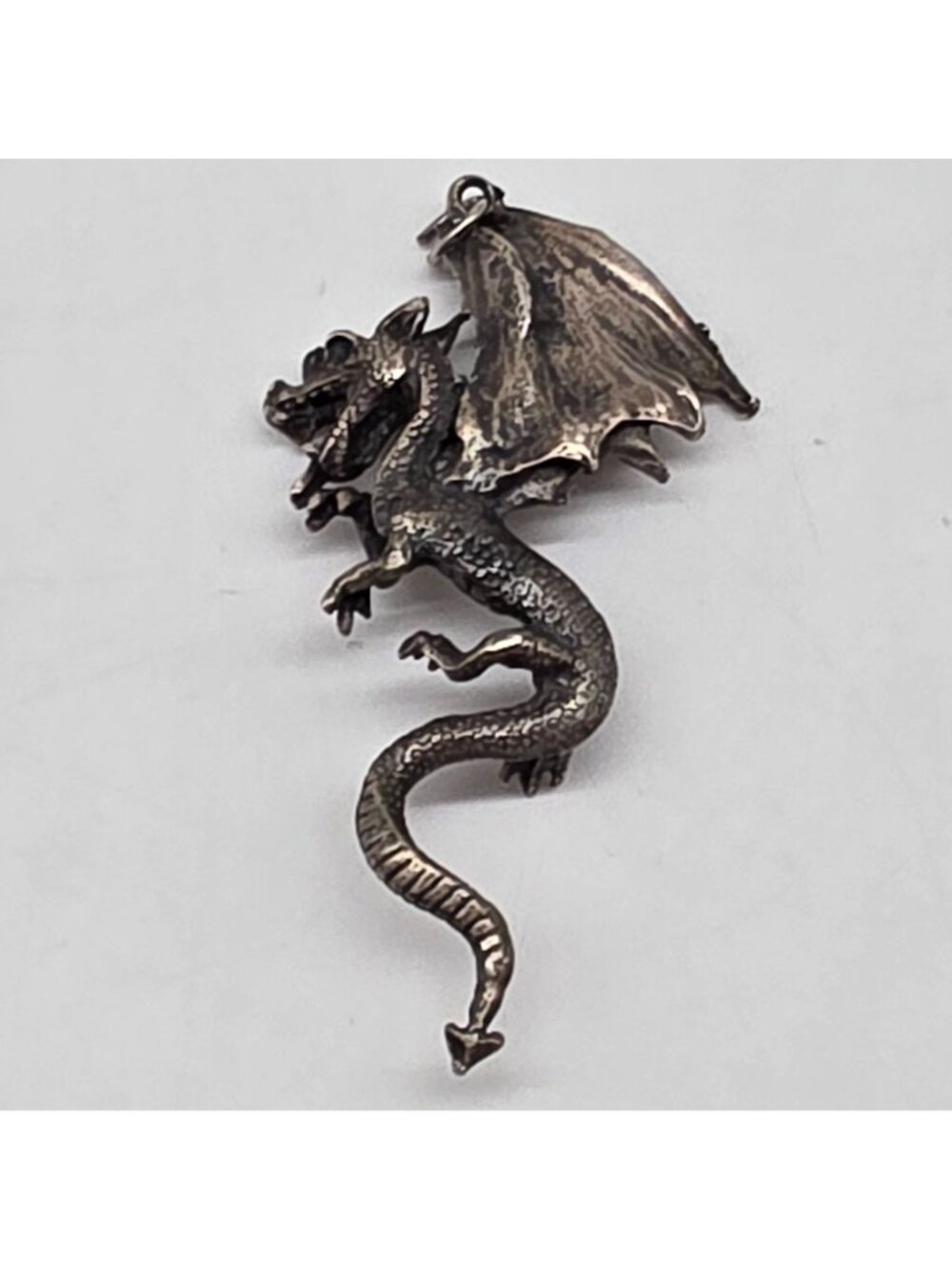 Pewter Dragon Pendant With Red Gemstone Eyes Gothic Fantasy Jewelry 3" - Picture 4 of 6